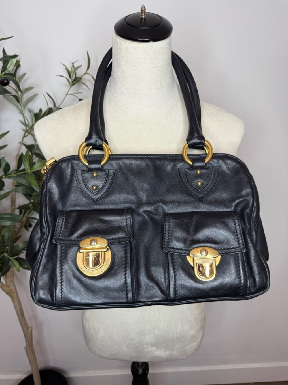 Marc Jacobs Black Leather Double Pocket Shoulder Bag with Gold Hardware